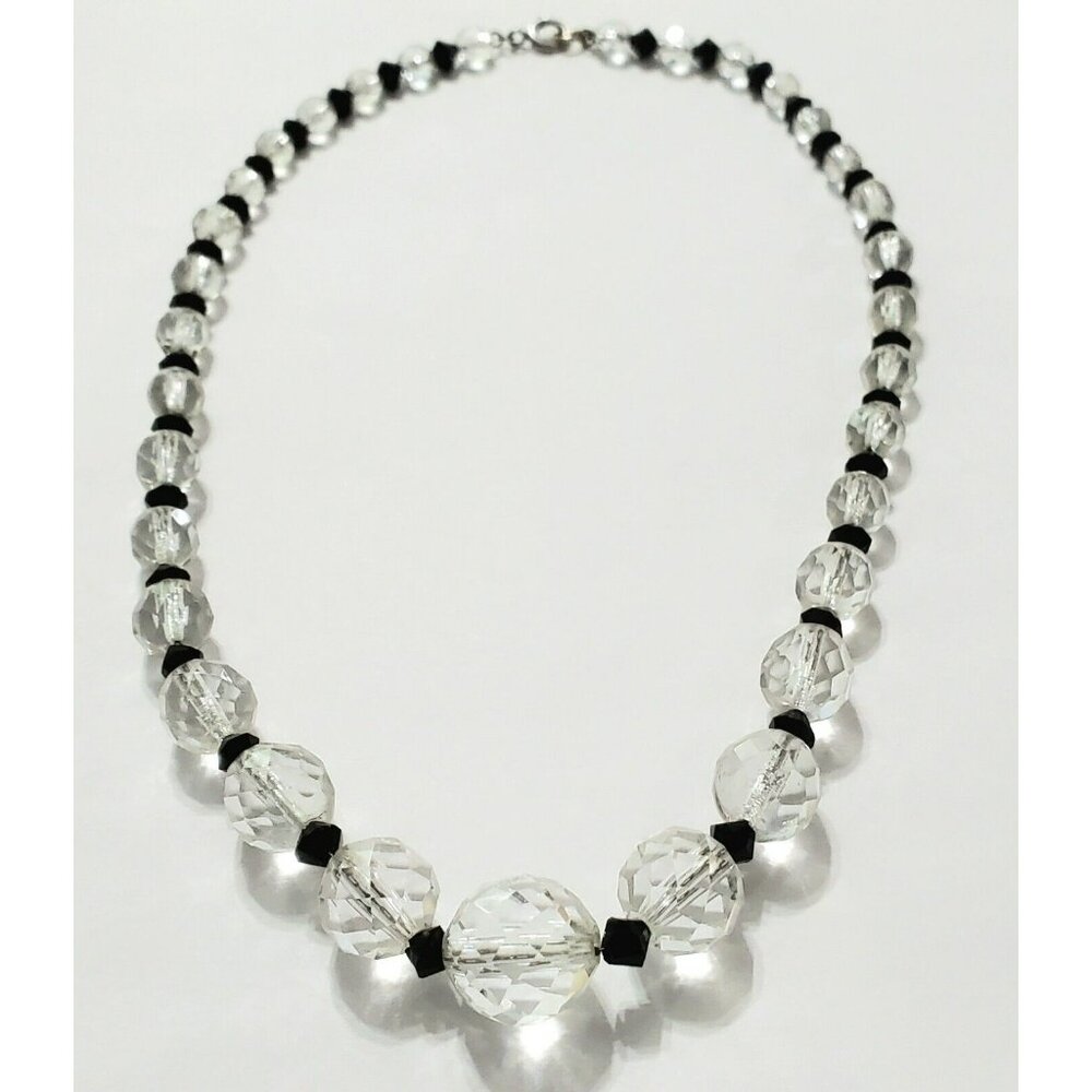 Vintage 17" Choker Necklace Clear Black Beads Faceted Sterling Graduated Spacers - Picture 3 of 16